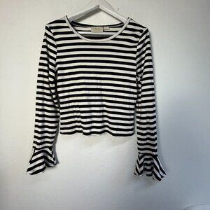 Maeve by Anthropologie Black/White Striped Flouncy Top Large Bell Sleeve Cotton